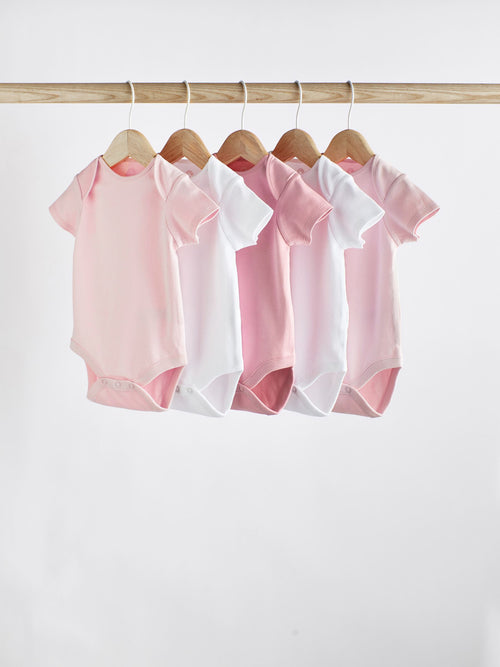 Pink/White 5 Pack Essential Short Sleeve Baby Bodysuits image 1