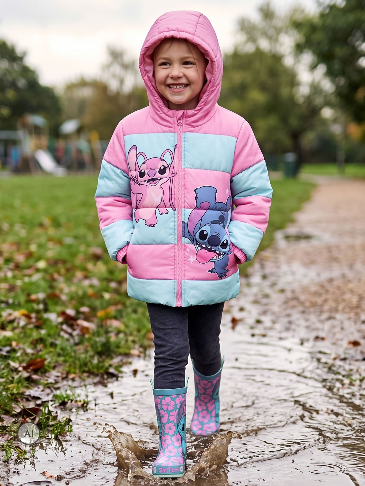 Character Pink Disney Lilo & Stitch Puffer Stitch And Angel Jacket - image 3