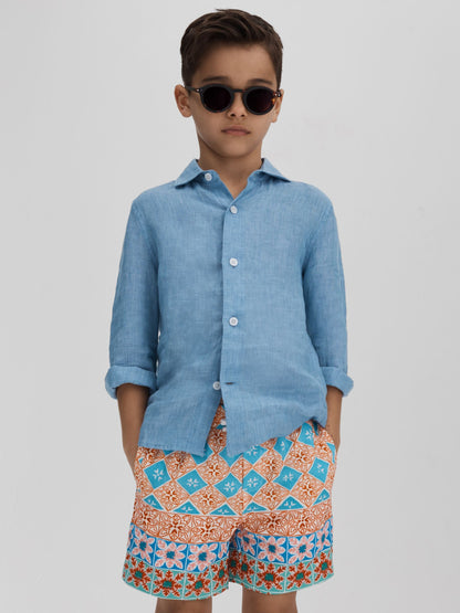 Dsiney Kidz - Reiss Orange Multi Arizona 3-9 yrs Floral Tile Print Drawstring Swim Shorts image 1