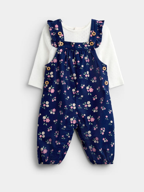 Dsiney Kidz - JoJo Maman Bébé Navy Blue Floral Cord Dungarees & Body Set image 1