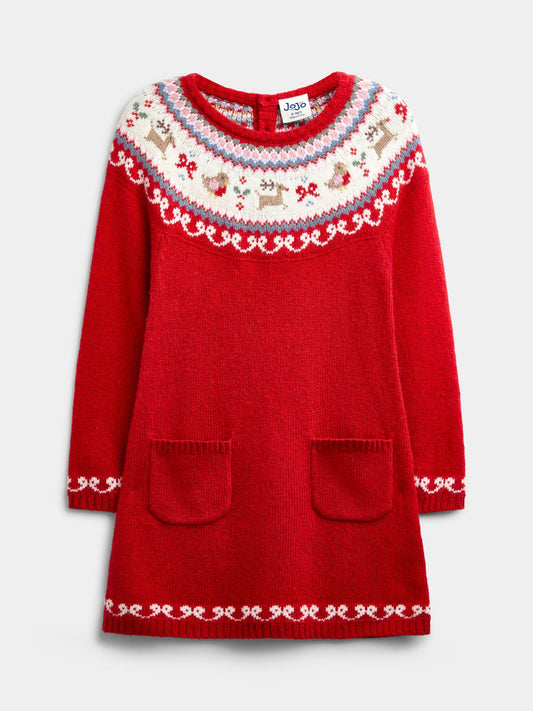 JoJo Maman Bébé Bright Red Reindeer Fairisle Knitted Dress - image 1