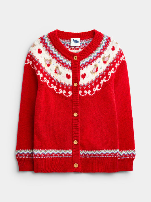 JoJo Maman Bébé Berry Red Robin & Bow Fairisle Christmas Cardigan - image 1