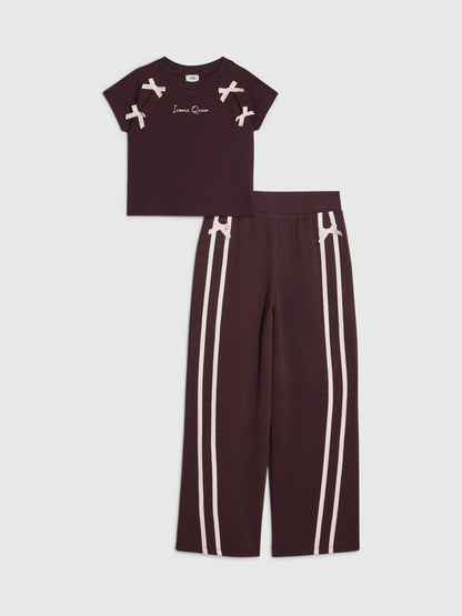River Island Dark Purple Bow Top & Wide Leg Joggers Set - image 1