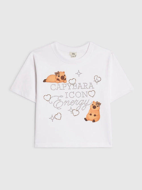 Dsiney Kidz - River Island White Capybara Hotfix Crop T-Shirt image 1