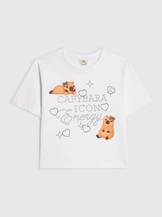 Dsiney Kidz - River Island White Capybara Hotfix Crop T-Shirt image 1