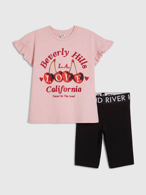 Dsiney Kidz - River Island Pink Cherry T-Shirt & Cycle Shorts Set image 1
