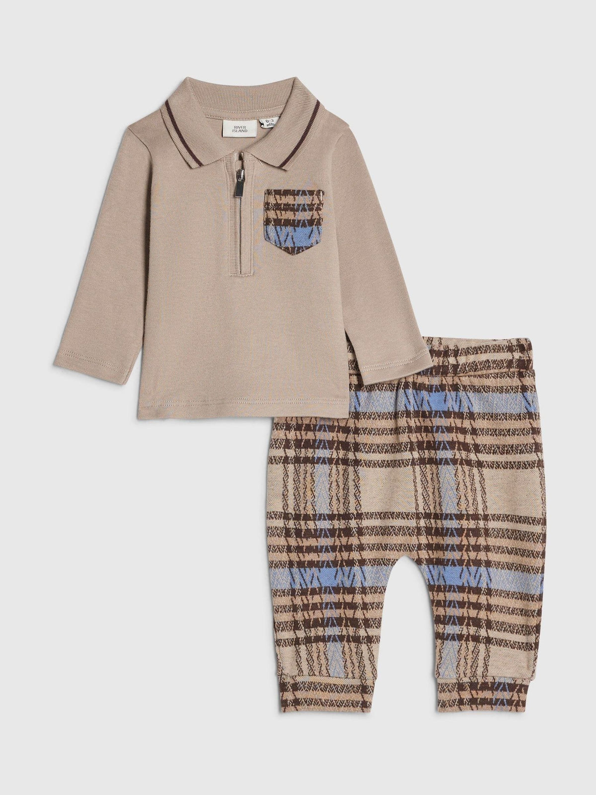 Dsiney Kidz - River Island Brown Check Little Man Polo & Joggers Set image 1