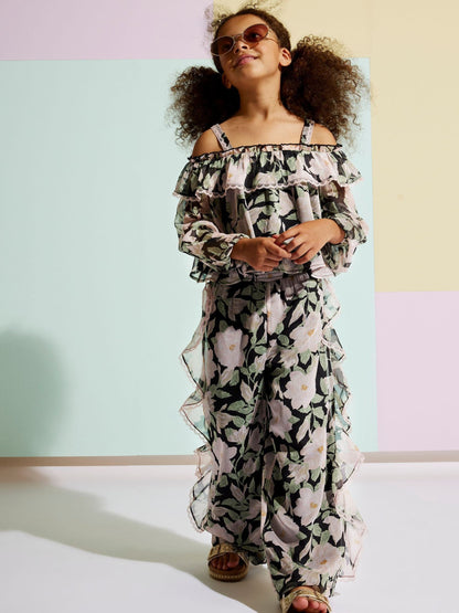 Dsiney Kidz - River Island Black Floral Chiffon Trousers image 1