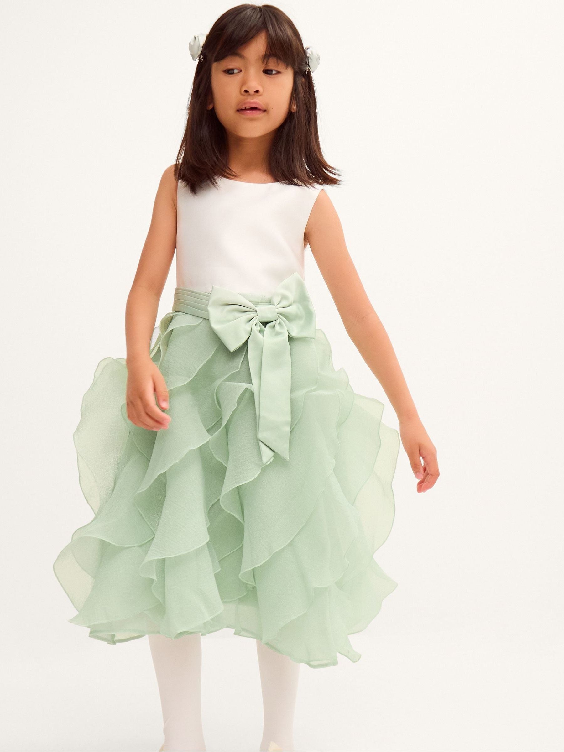 Dsiney Kidz - Monsoon Sage Green Cancan Sleeveless Bow Ruffle Dress image 1