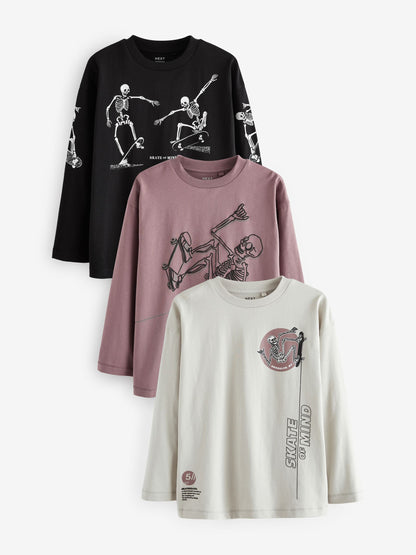 Dsiney Kidz - Purple/Stone/Black Skeleton Relaxed Fit Graphic Print Long Sleeve T-Shirts 3 Pack (3-16yrs) image 1