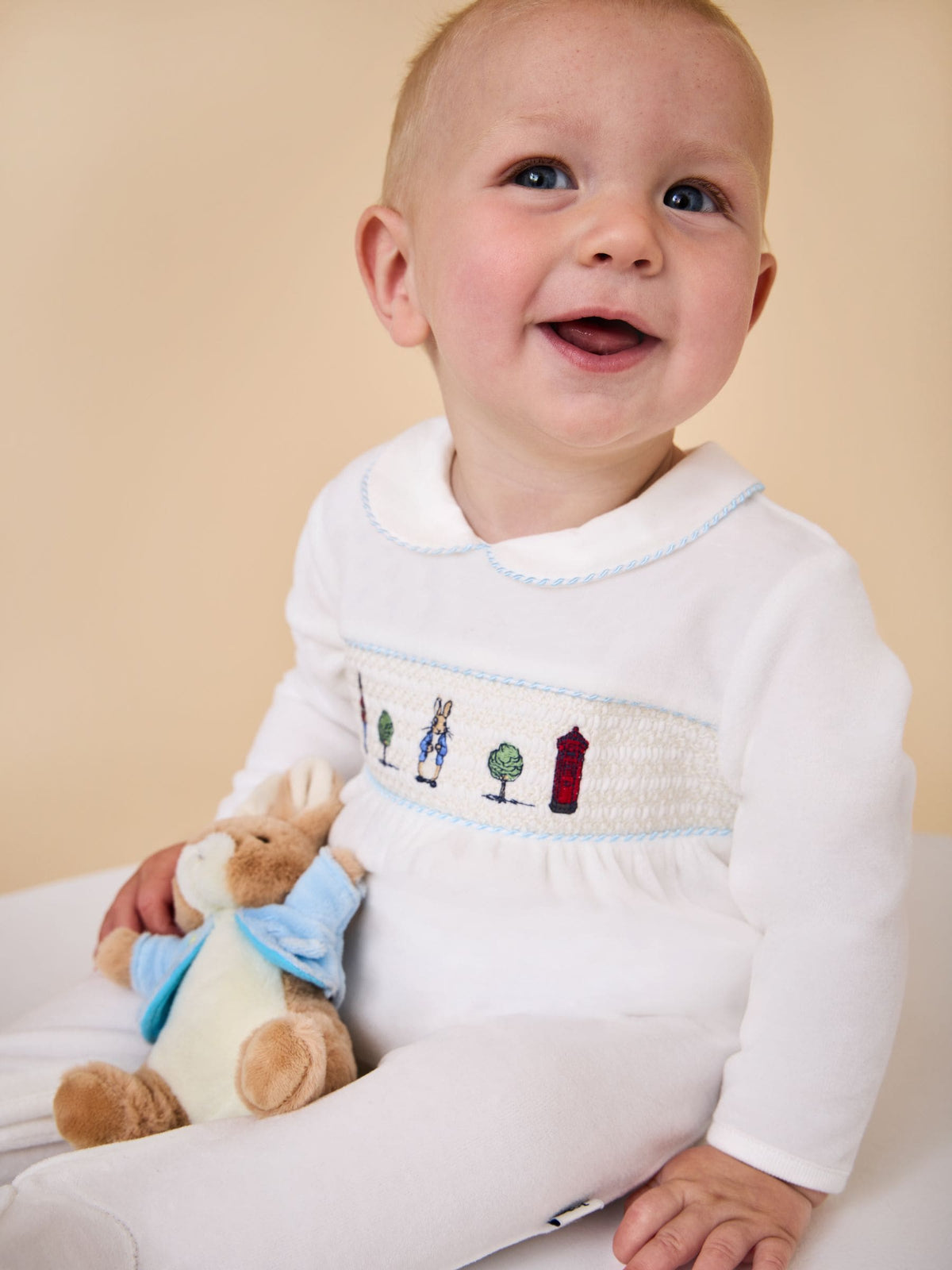 JoJo Maman Bébé Cream Peter Rabbit Smocked Velour All-In-One - image 2