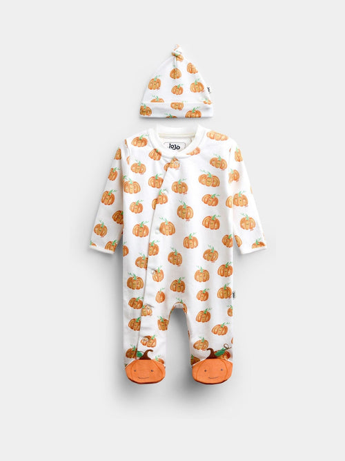 Dsiney Kidz - JoJo Maman Bébé Cream Pumpkin Print Zip Sleepsuit & Hat image 1