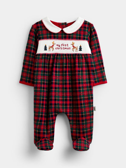 JoJo Maman Bébé Red Tartan First Christmas Smocked Footed Sleepsuit - image 1