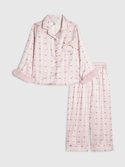 Dsiney Kidz - River Island Cream Bow Bear Fur Cuff Satin Pyjamas image 1