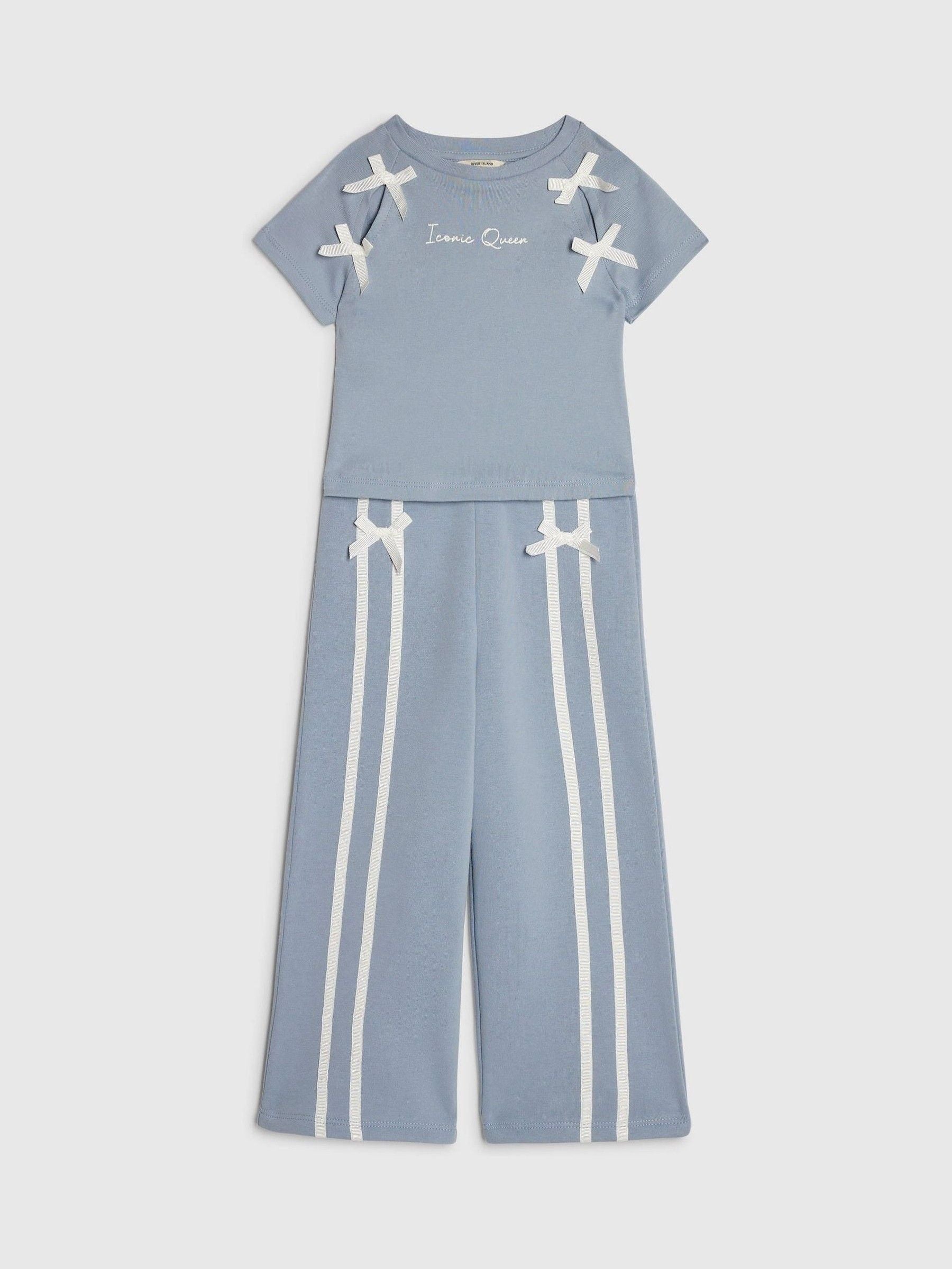 Dsiney Kidz - River Island Blue Bow Top & Wide Leg Joggers Set image 4