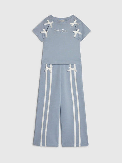 Dsiney Kidz - River Island Blue Bow Top & Wide Leg Joggers Set image 4