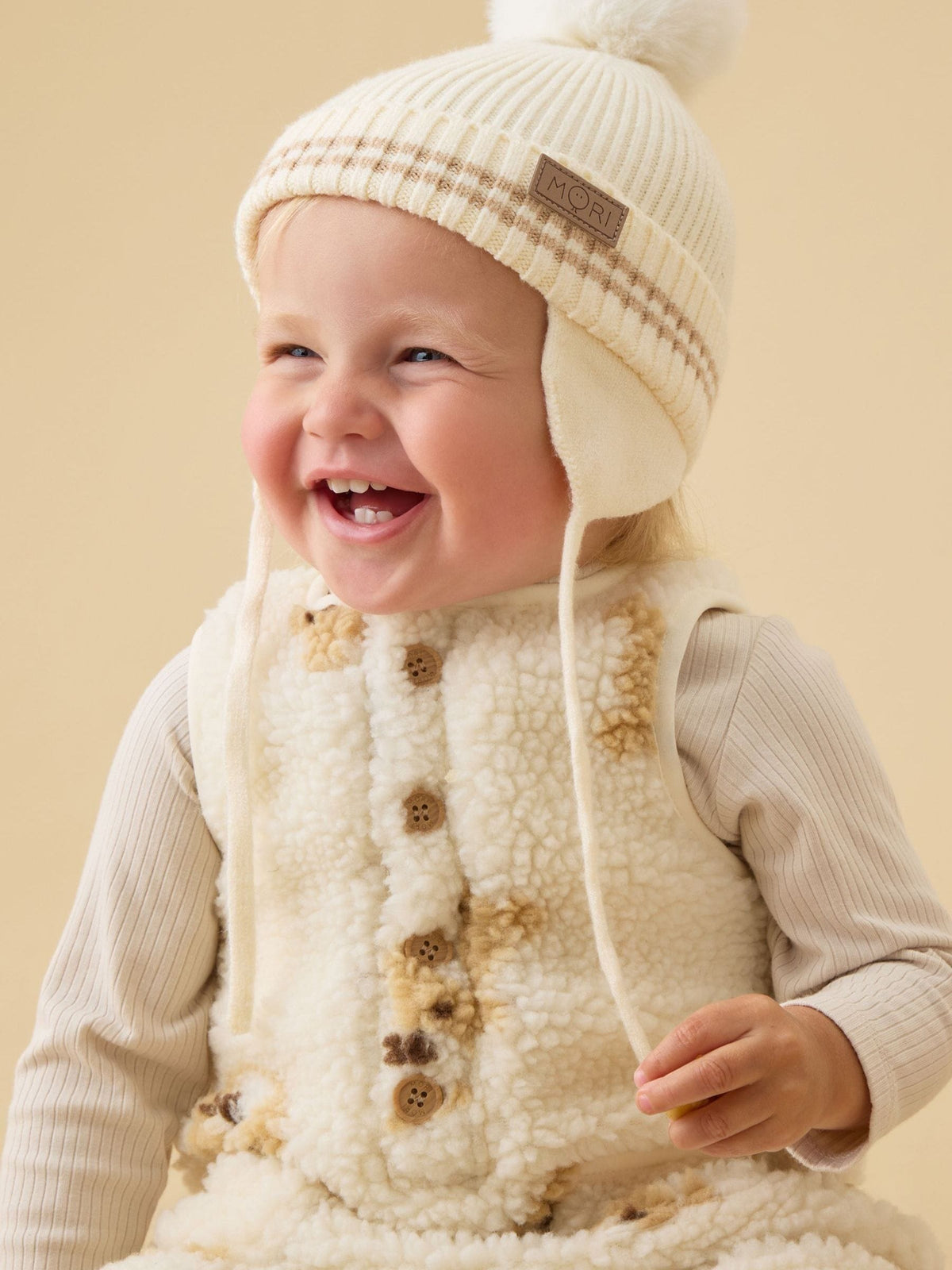 MORI Cream Beanie Hat with Faux Fur Pom - image 1