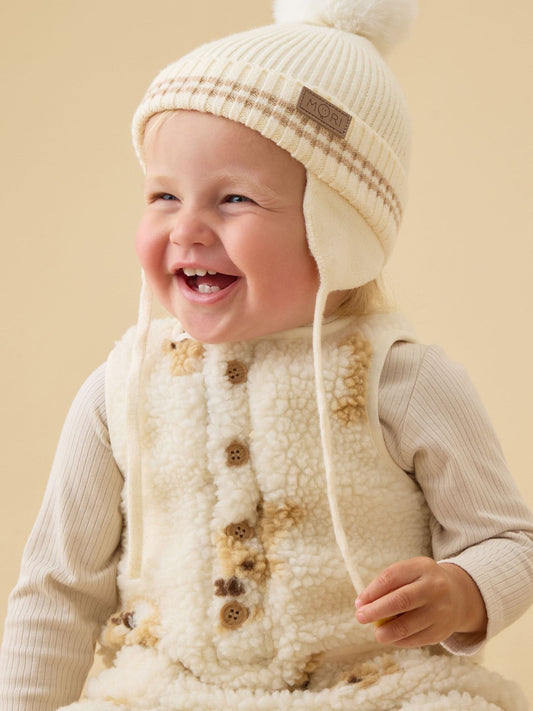MORI Cream Beanie Hat with Faux Fur Pom - image 1
