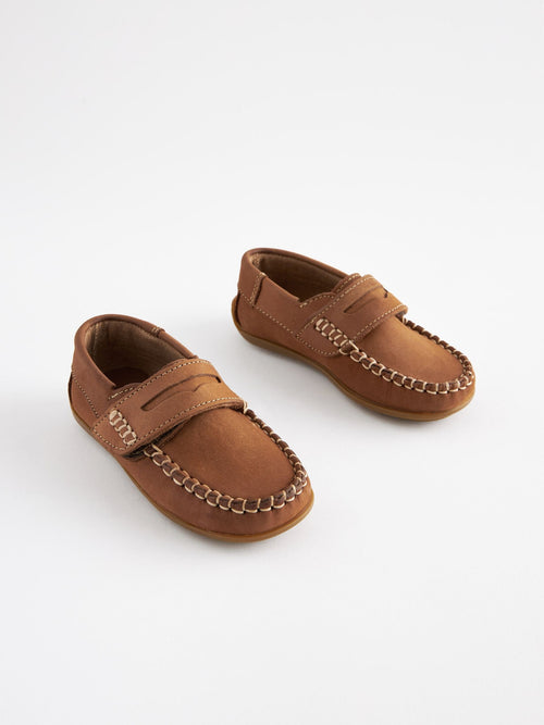 Tan Brown Standard Fit (F) Leather Penny Loafers with Touch and Close Fastening image 1