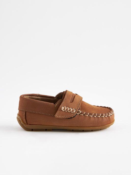 Tan Brown Standard Fit (F) Leather Penny Loafers with Touch and Close Fastening image 2