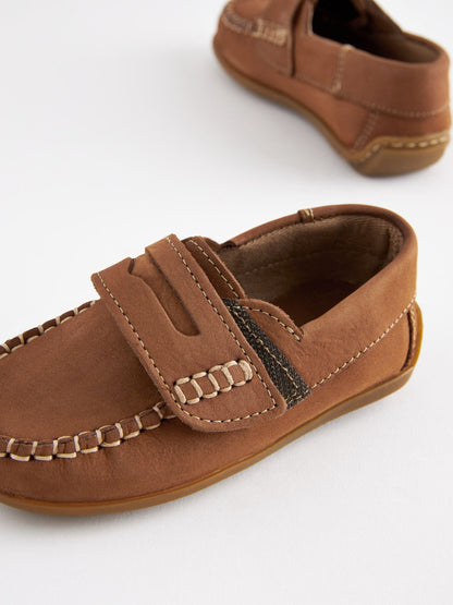 Tan Brown Standard Fit (F) Leather Penny Loafers with Touch and Close Fastening image 3
