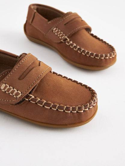 Tan Brown Standard Fit (F) Leather Penny Loafers with Touch and Close Fastening image 4