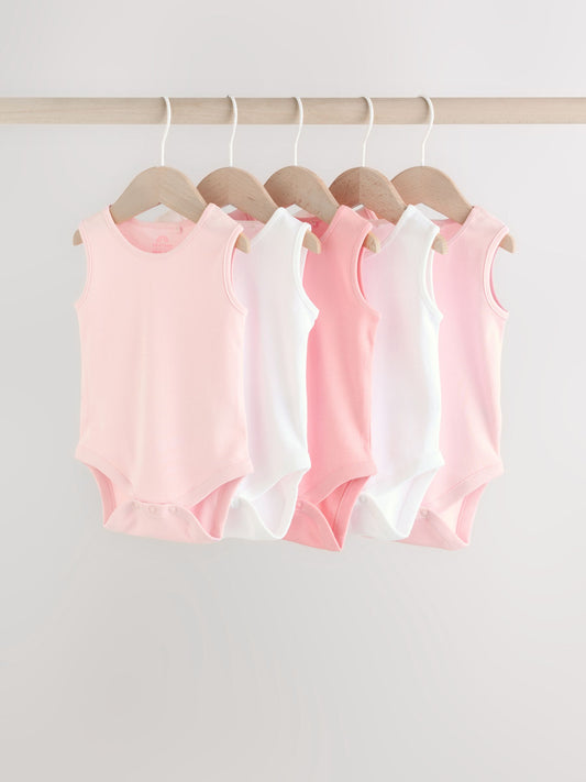 Pink/White 5 Pack Essential Vest Baby Bodysuits image 1