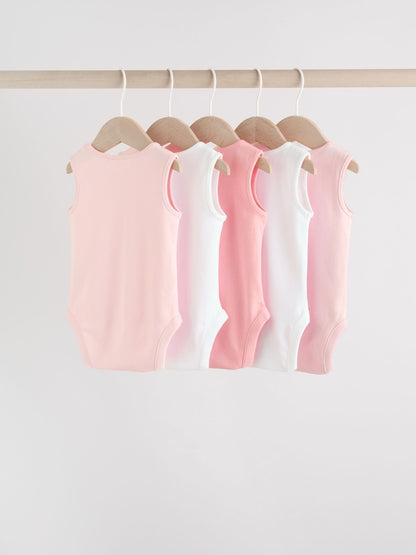Pink/White 5 Pack Essential Vest Baby Bodysuits image 2