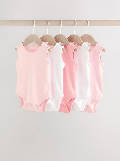 Pink/White 5 Pack Essential Vest Baby Bodysuits image 1