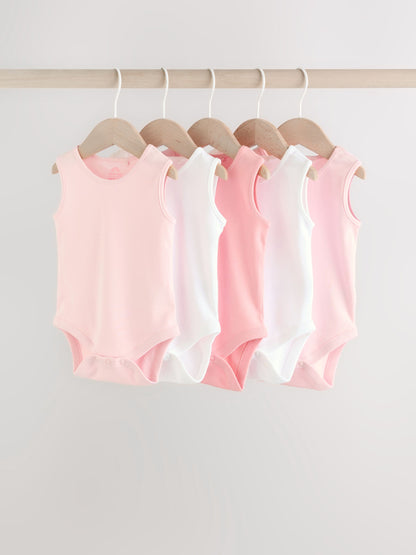 Pink/White 5 Pack Essential Vest Baby Bodysuits image 1