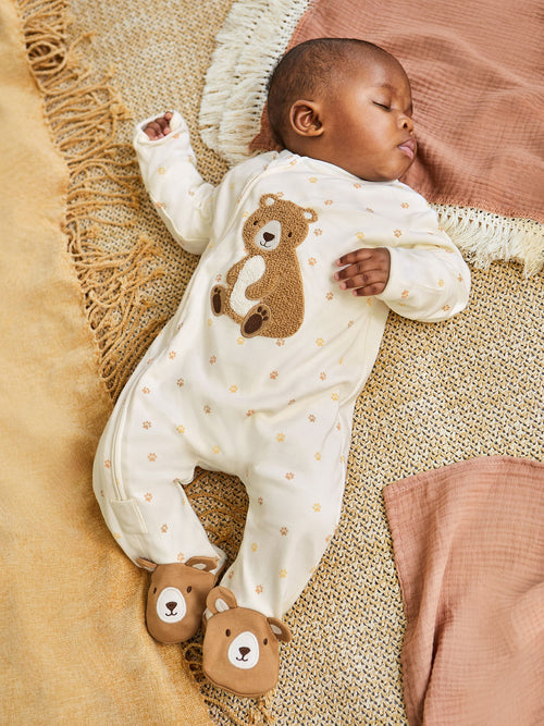 JoJo Maman Bébé Cream Bear Appliqué Zip Cotton Baby Sleepsuit image 1