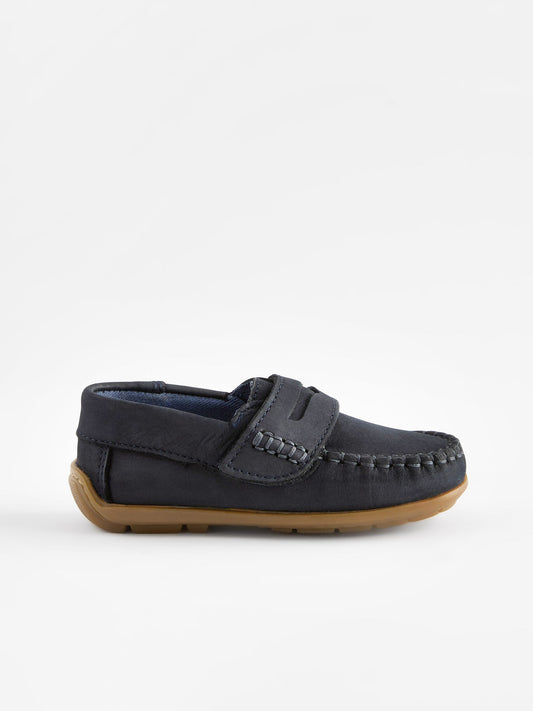 Navy Standard Fit (F) Touch Fastening Leather Penny Loafers image 2