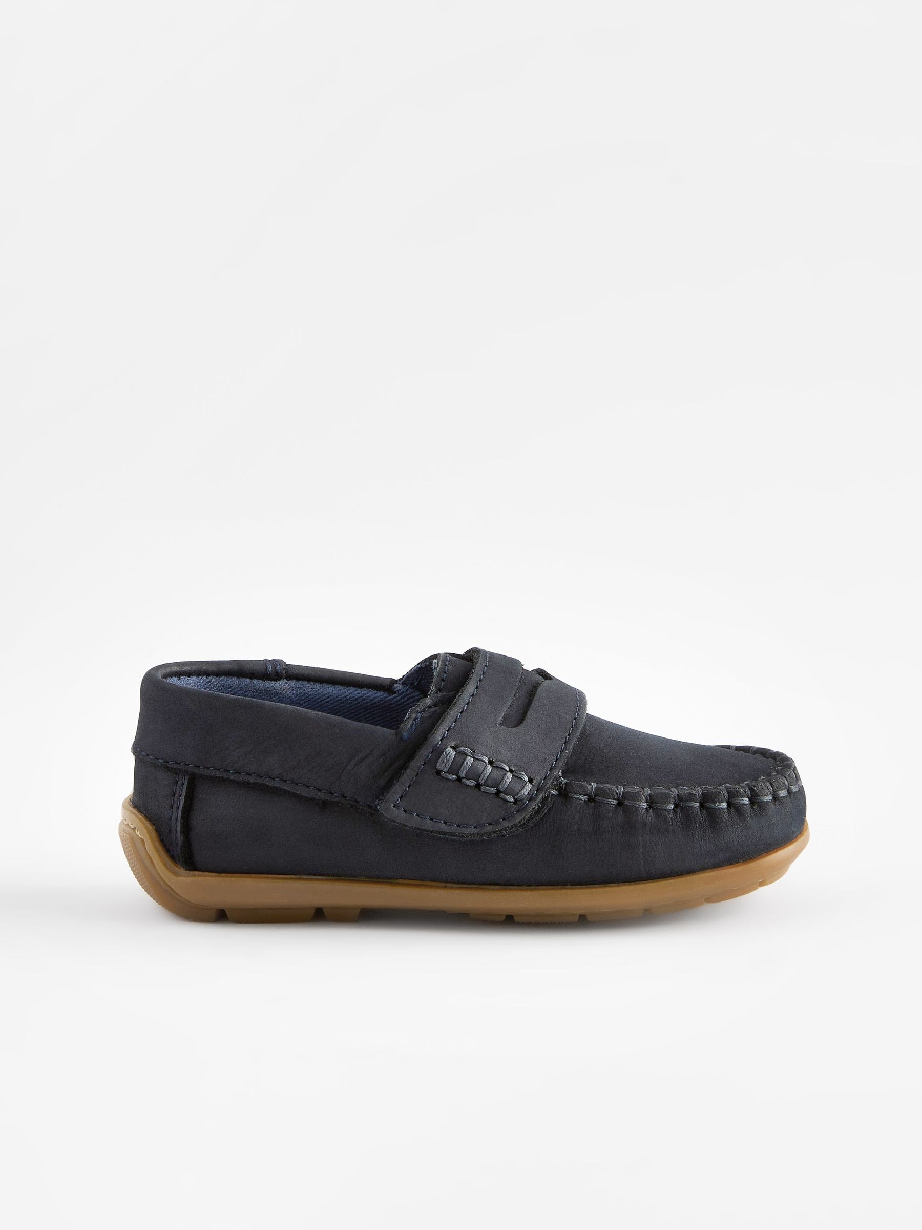 Navy Standard Fit (F) Touch Fastening Leather Penny Loafers image 2