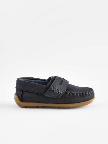 Navy Standard Fit (F) Touch Fastening Leather Penny Loafers image 2