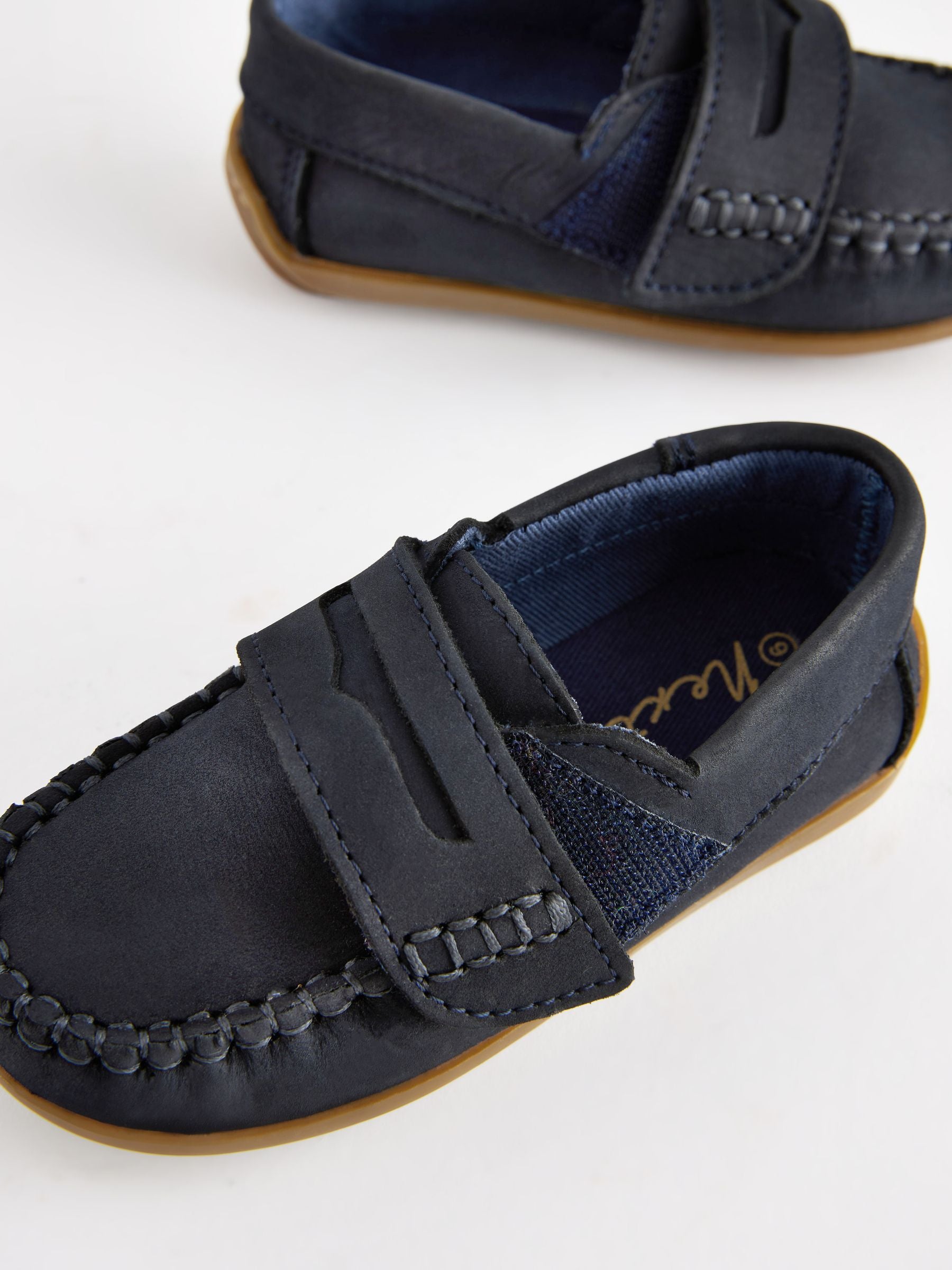 Navy Standard Fit (F) Touch Fastening Leather Penny Loafers image 3
