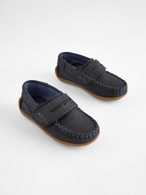 Navy Standard Fit (F) Touch Fastening Leather Penny Loafers image 1