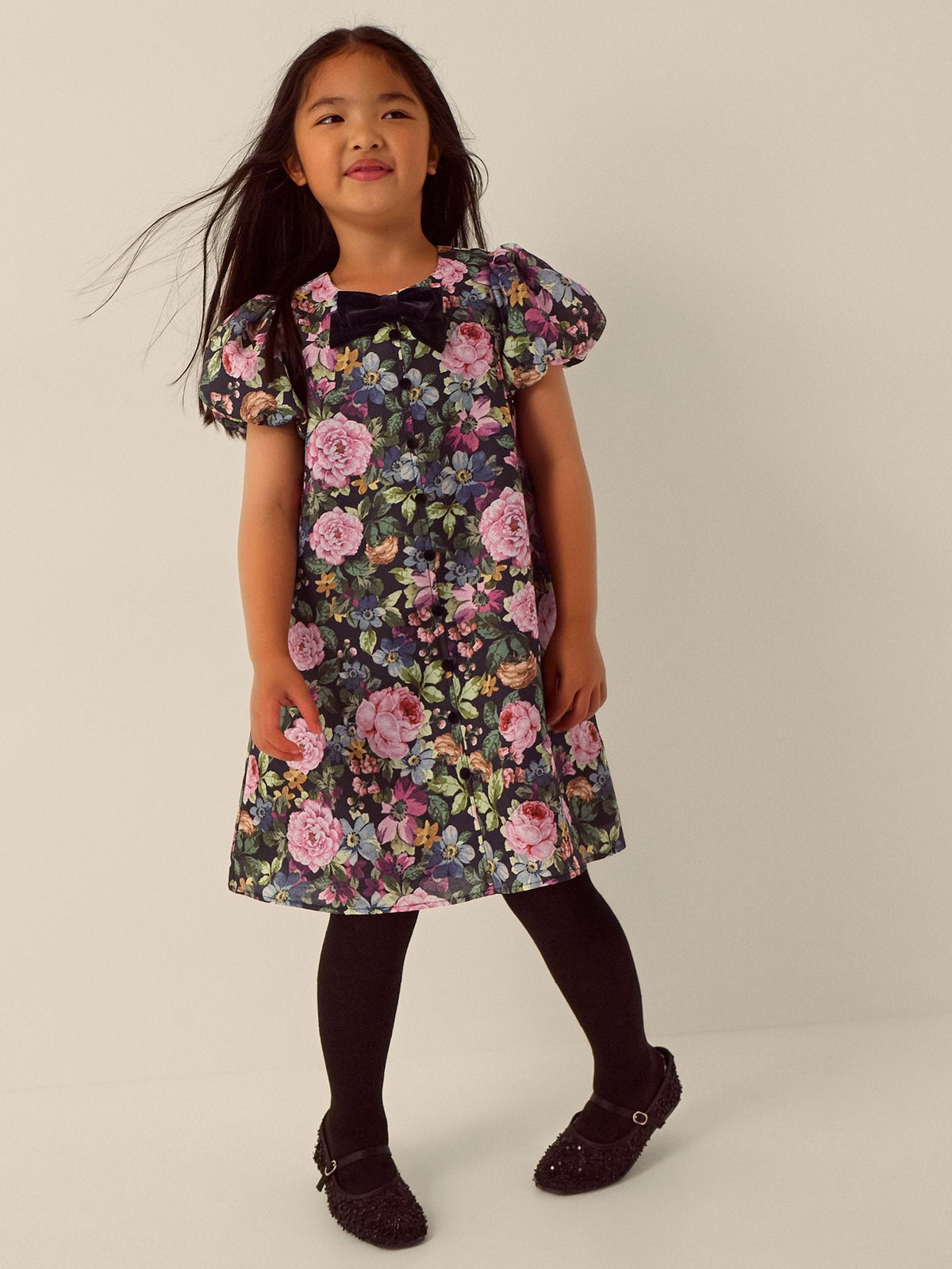Monsoon Black x Queens of Archive Edie Velvet Bow Floral Print Party Dress - image 2