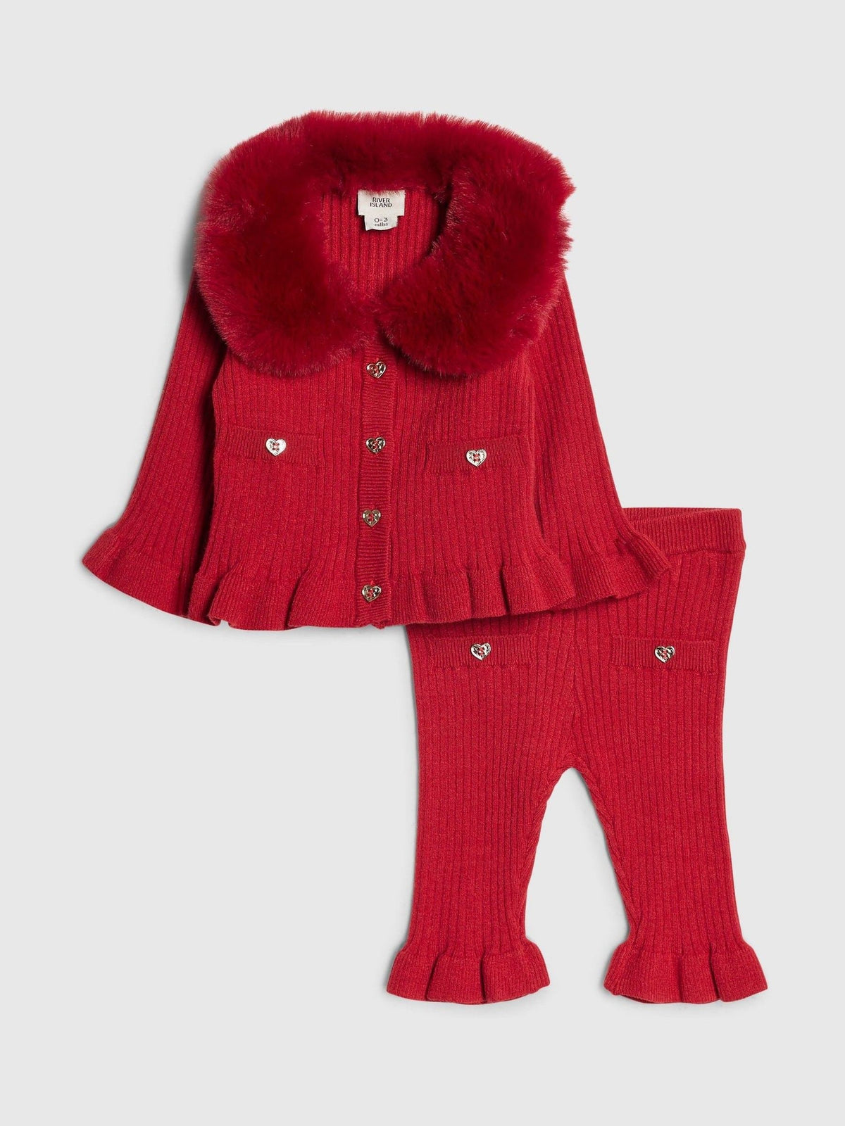 River Island Red Faux Fur Collar Cardigan & Leggings Set - image 1