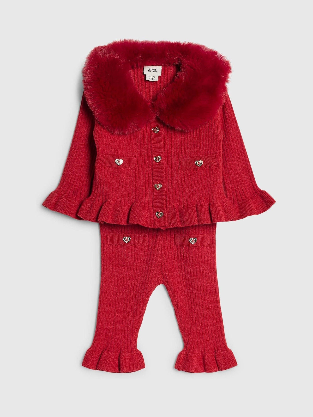 River Island Red Faux Fur Collar Cardigan & Leggings Set - image 3