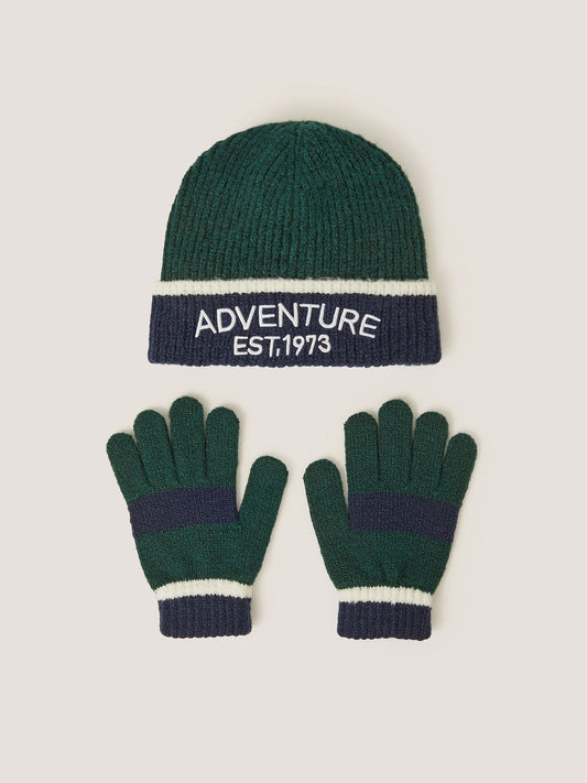 Monsoon Green Colourblock Beanie Hat & Gloves Set - image 1