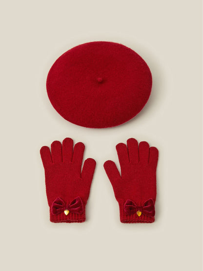 Monsoon Red Velvet Bow Beret & Gloves Set - image 1