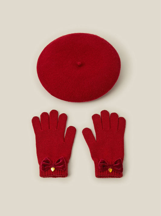 Monsoon Red Velvet Bow Beret & Gloves Set - image 1