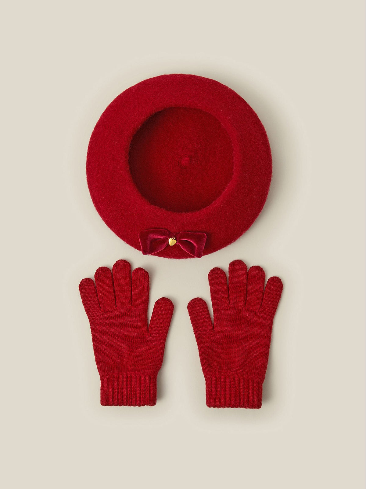 Monsoon Red Velvet Bow Beret & Gloves Set - image 2