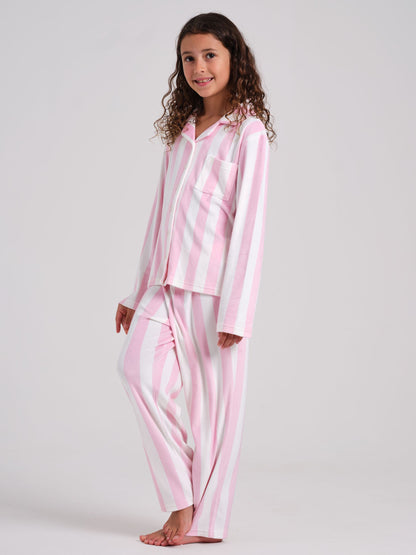 Loungeable Pink Stripe Velour Long Sleeve Button Through Pyjamas Set - image 4