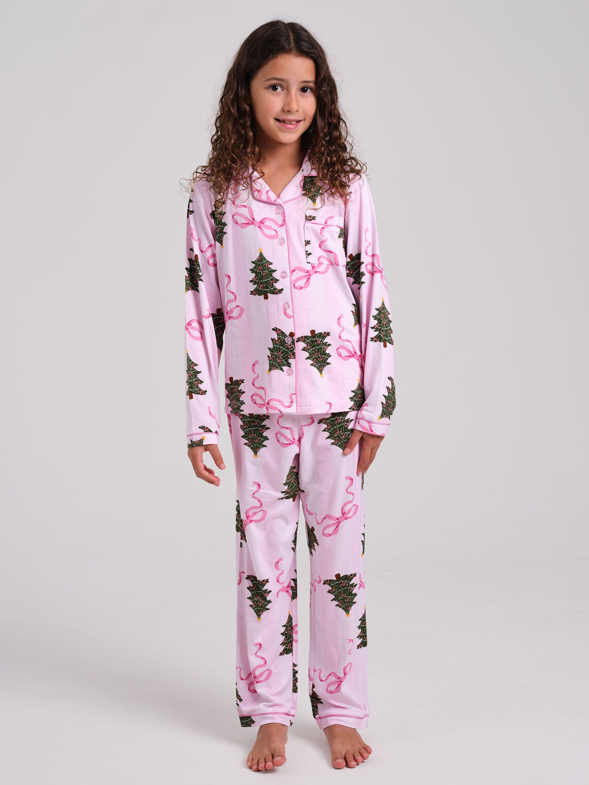 Loungeable Pink Christmas Bow Stripe Super Soft Long Sleeve Button Through Pyjamas Set - image 2