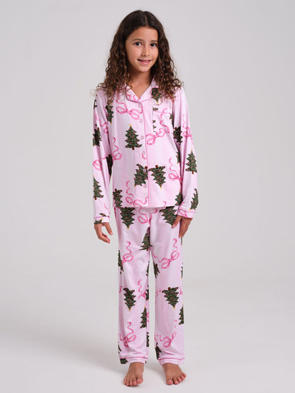 Loungeable Pink Christmas Bow Stripe Super Soft Long Sleeve Button Through Pyjamas Set - image 2