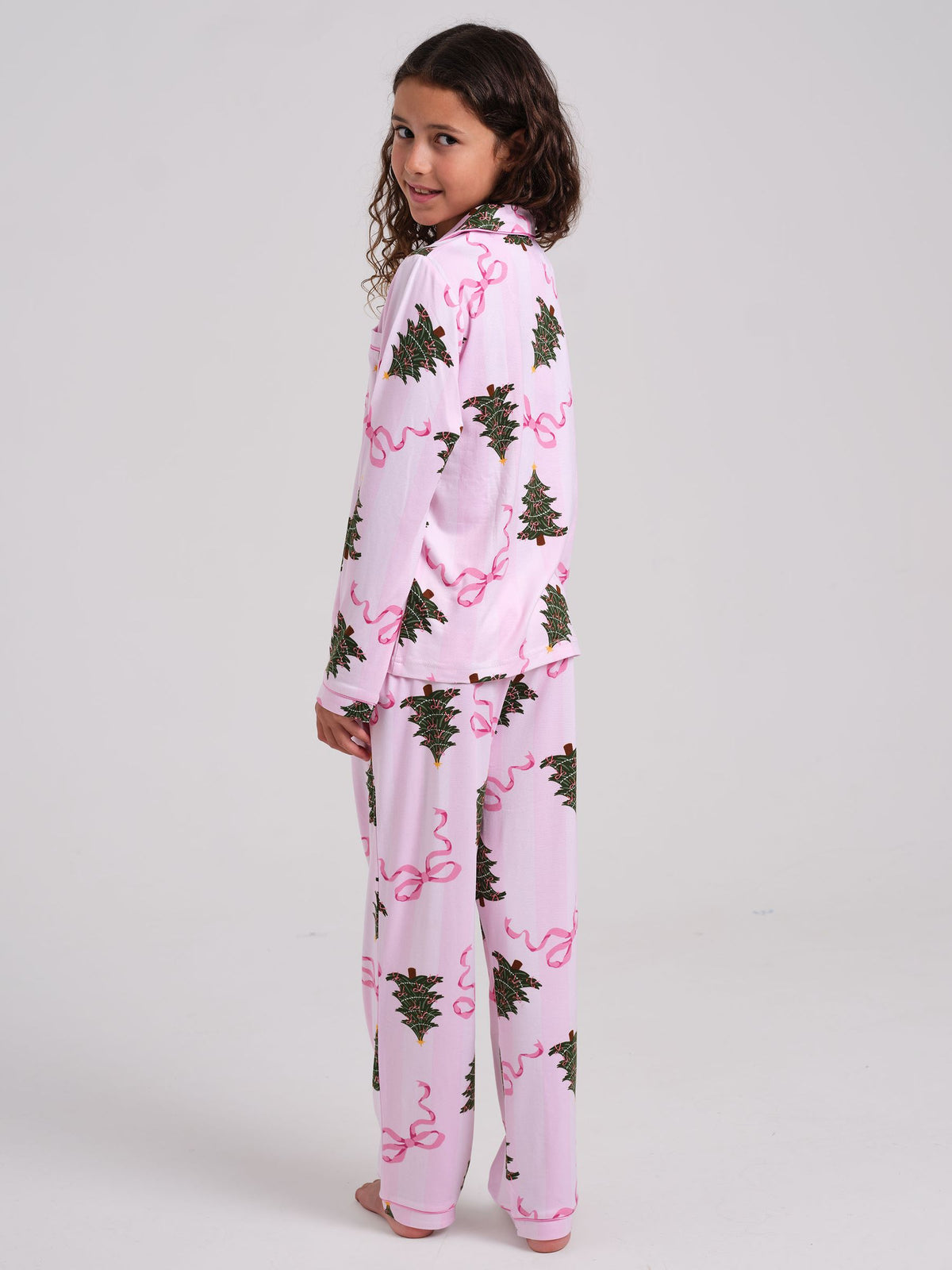 Loungeable Pink Christmas Bow Stripe Super Soft Long Sleeve Button Through Pyjamas Set - image 3