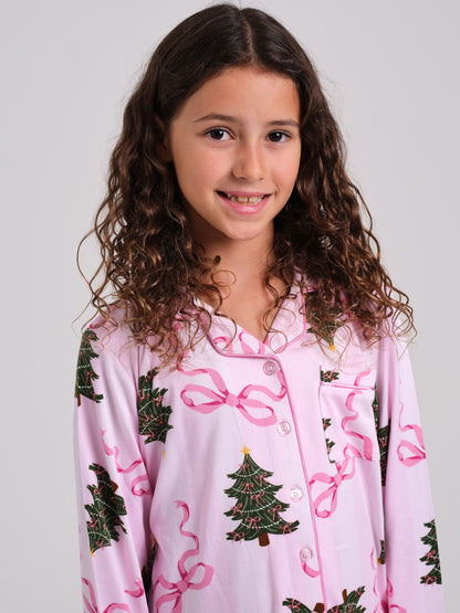 Loungeable Pink Christmas Bow Stripe Super Soft Long Sleeve Button Through Pyjamas Set - image 4