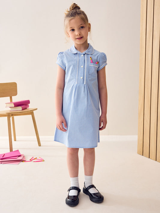 Blue Cotton Rich Button Front Lace Gingham School Dress (3-14yrs) image 1
