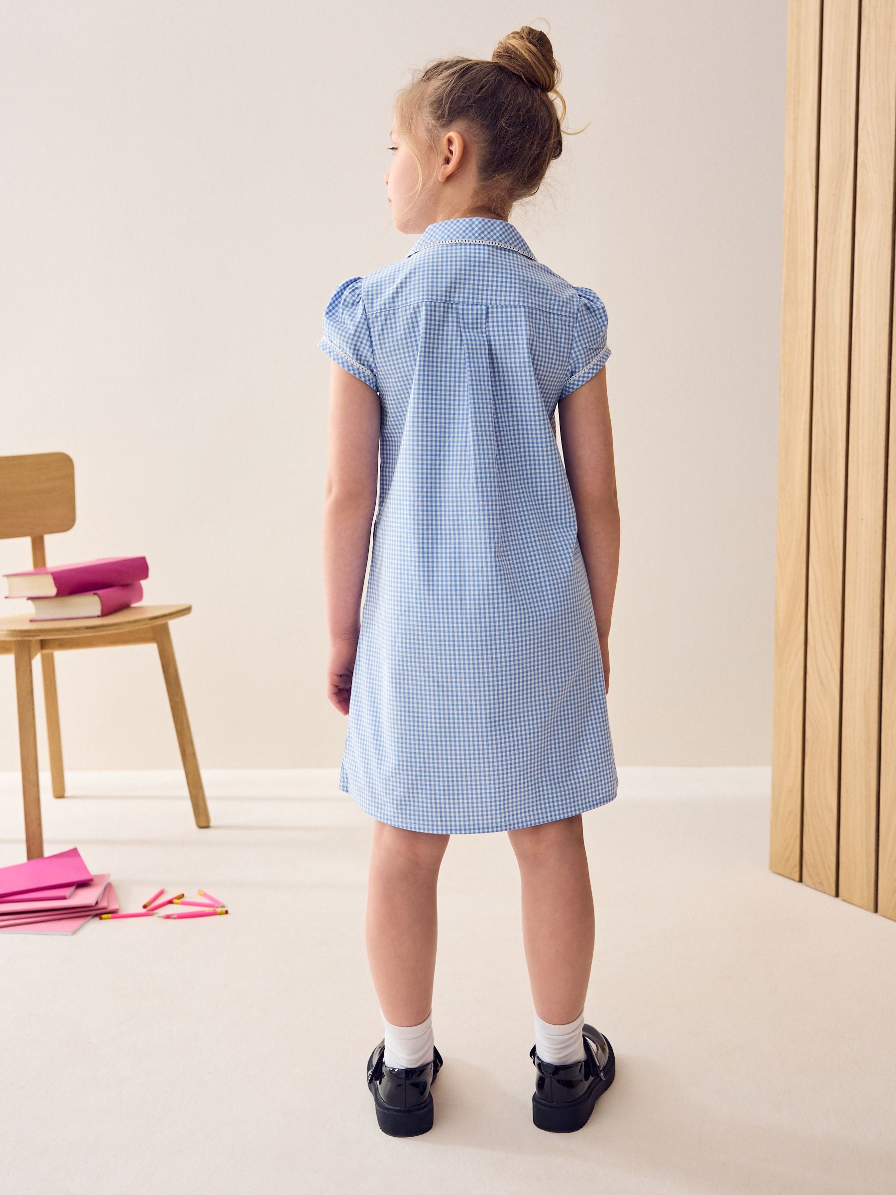 Blue Cotton Rich Button Front Lace Gingham School Dress (3-14yrs) image 2